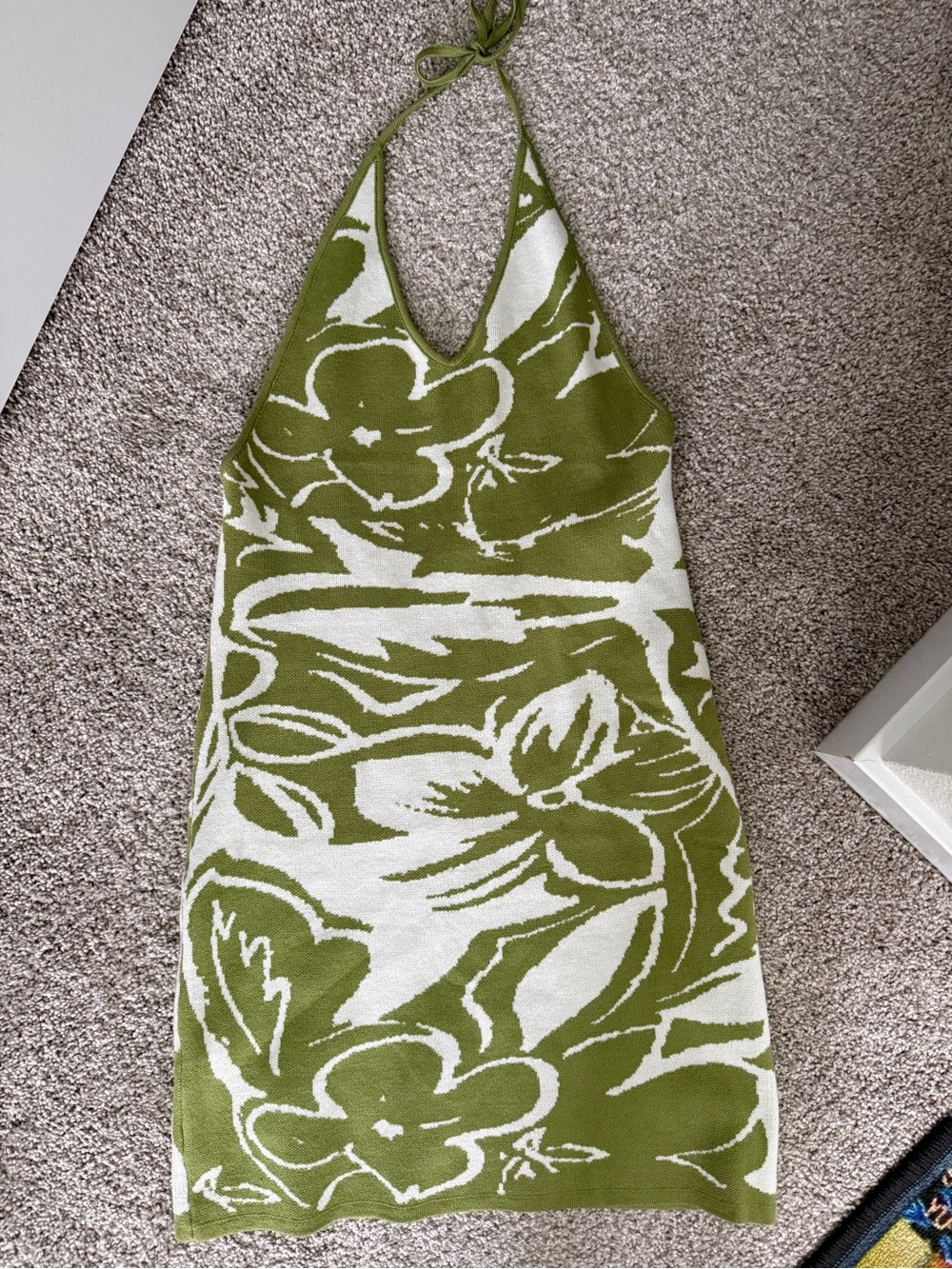 Green & White Floral Halter Knit Dress